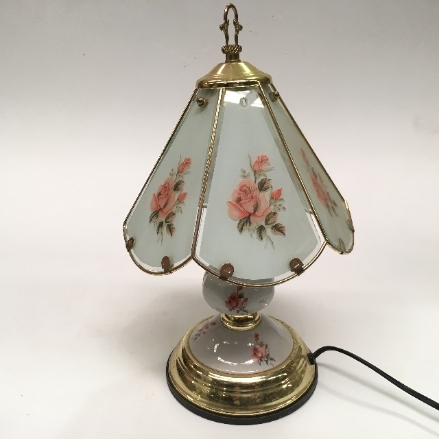 LAMP, Table Lamp - Touch Lamp, Floral Glass Panels w Brass